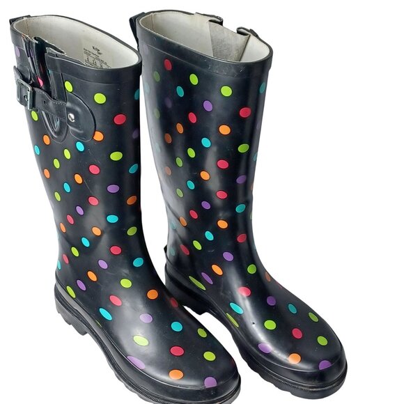 Western Chief Black Polka Dot Waterproof Tall Lug Rubber Rain Boot Womens Size 6 - Picture 1 of 12